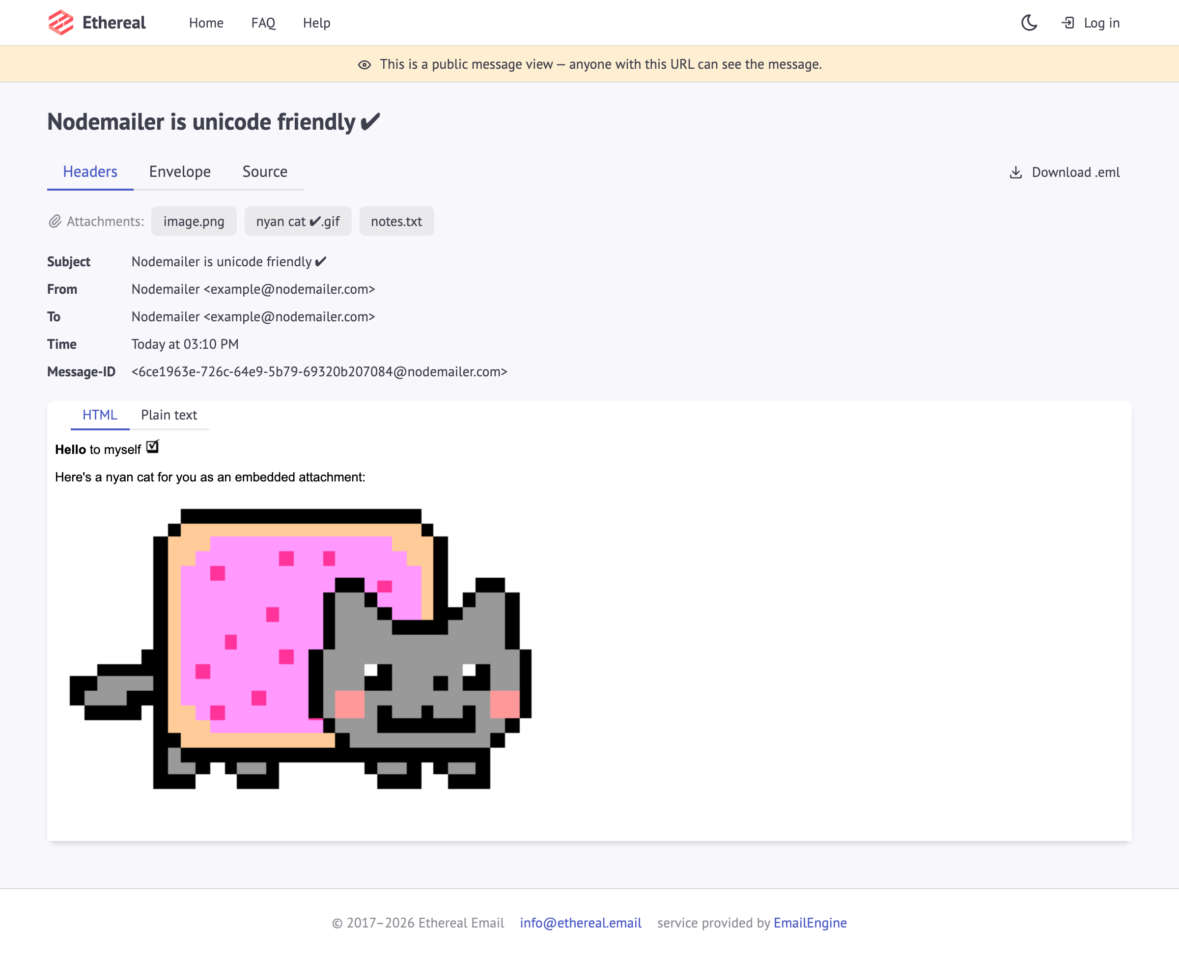 Screenshot of the Nodemailer example message previewed in the Ethereal web interface